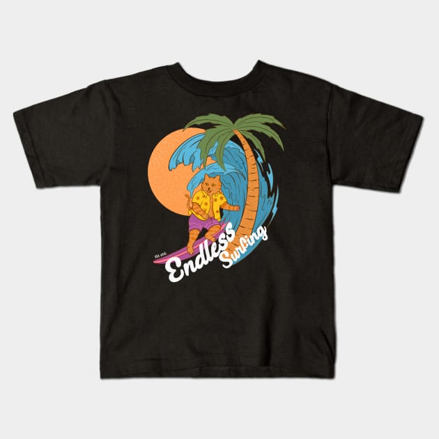 Endless Surfing - Surf Cat Kids T-Shirt by FlitStudio